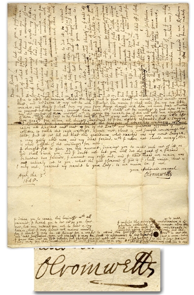 Important Oliver Cromwell Autograph Letter Signed From 1648 Regarding His Son's Matrimony -- ''...Mr. Maijor desired 400l. per annum of inheritance...wherein I desired to be advised by my wife...''